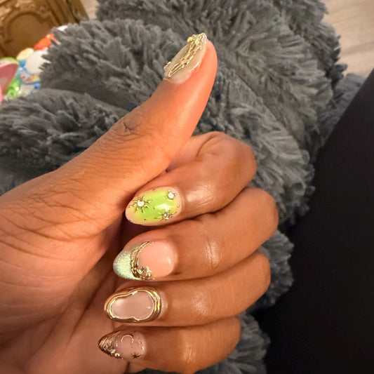 Celestial Sage Green & Gold 3D Press-On Nails – Luxury Starburst Nail Set