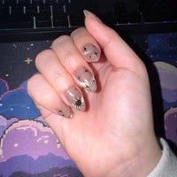 Celestial Gold Star Press-On Nails – Nude Shimmer Moon & Sun Nail Set | Elegant Almond Fake Nails | Handmade Reusable Nail Art