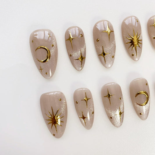 Celestial Gold Star Press-On Nails – Nude Shimmer Moon & Sun Nail Set | Elegant Almond Fake Nails | Handmade Reusable Nail Art