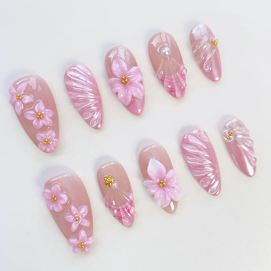 Cherry Blossom Pearl Handmade Press-On Nails | 3D Pink Floral Nail Art Set | Elegant Japanese-Inspired Nails