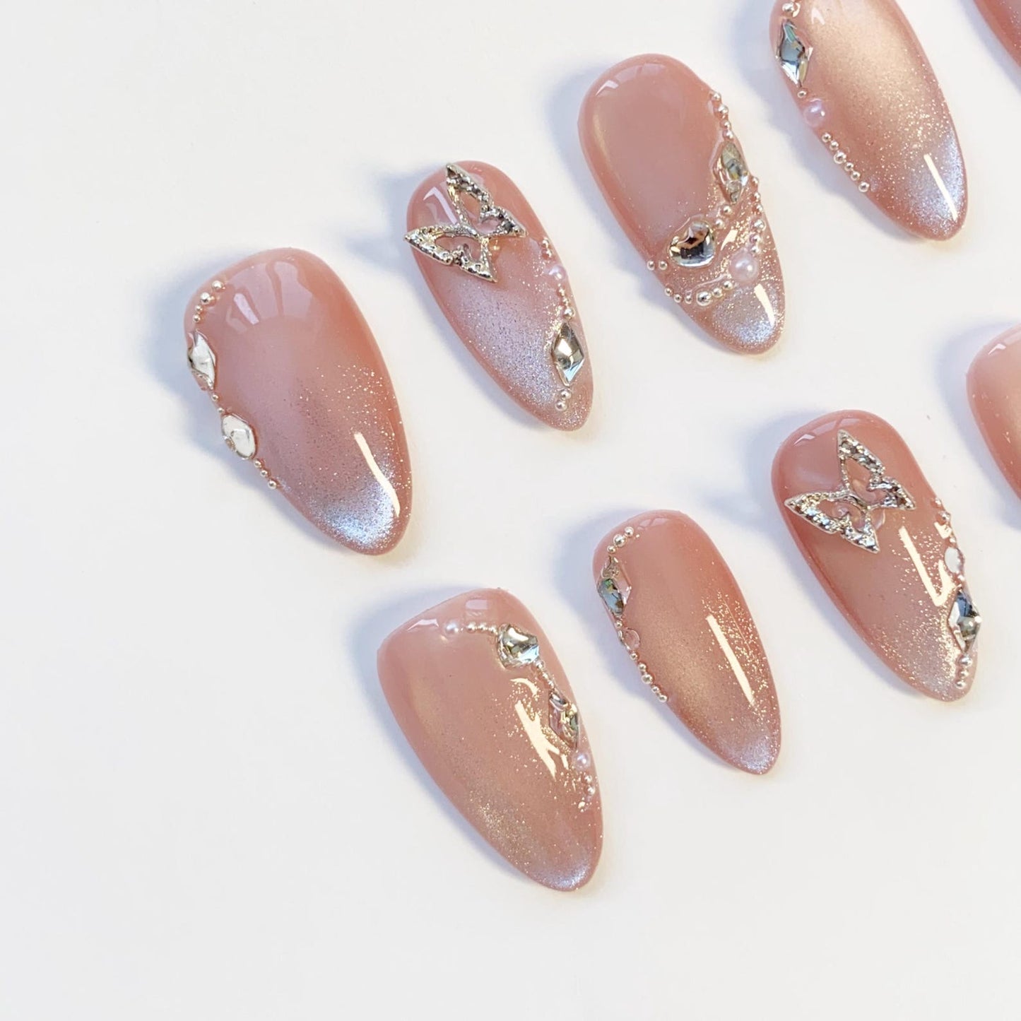 Luxury Nude Glitter Press-On Nails – Handmade Butterfly Rhinestone Nail Set | Elegant Reusable False Nails