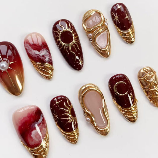 Celestial Burgundy & Gold Press-On Nails – Luxury Sun, Moon & Star Nail Art Set