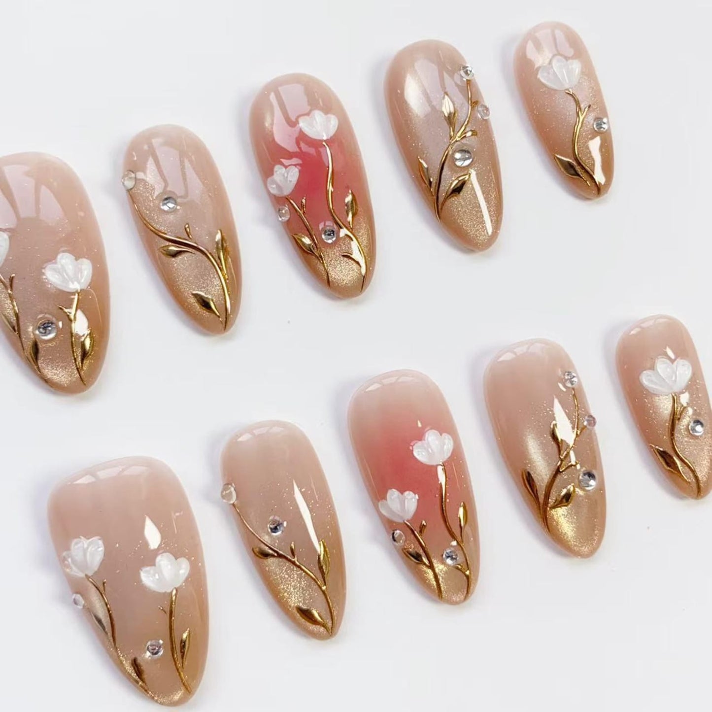 Golden Blossom Press-On Nails – Elegant White Floral Nude Nail Art Set