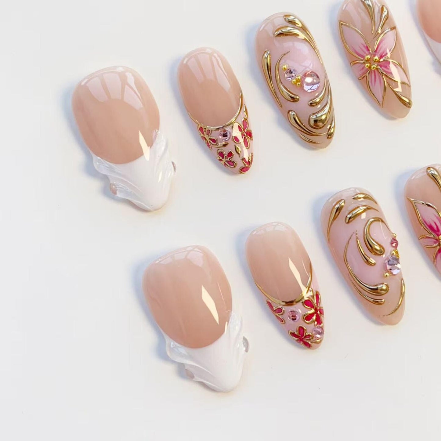 Luxury Pink Floral Press-On Nails | Gold Chrome Flower Nail Art Set | Elegant Handmade Bridal Nails