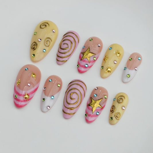 Cute Star Swirl Press-On Nails – Handmade Y2K Pink & Yellow Nail Set | Kawaii Reusable False Nails