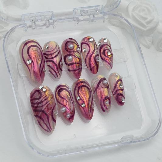 Aurora Magenta Swirl Press-On Nails – Iridescent Chrome Pearl Nail Art Set
