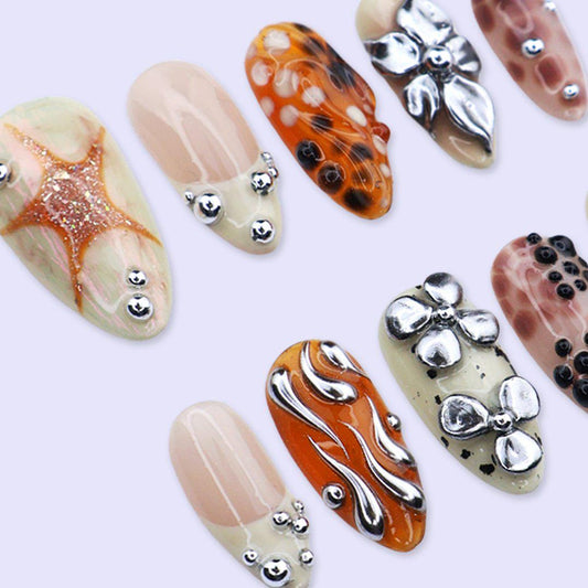 Celestial Bloom Press-On Nails – Chrome Flower & Starfish Abstract Nail Art Set