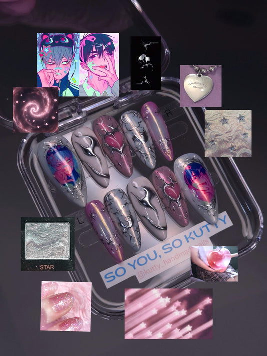 Anime Gothic Heart Press-On Nails – Handmade Y2K Silver Chrome Nail Set | Kawaii Alternative Reusable False Nails
