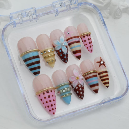 Cute Ice Cream Press-On Nails – Handmade Kawaii Dessert Nail Set | Pastel Reusable False Nails