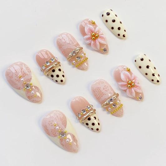 Blush Lace Floral Press-On Nails – Luxury 3D Flower & Polka Dot Almond Nail Set