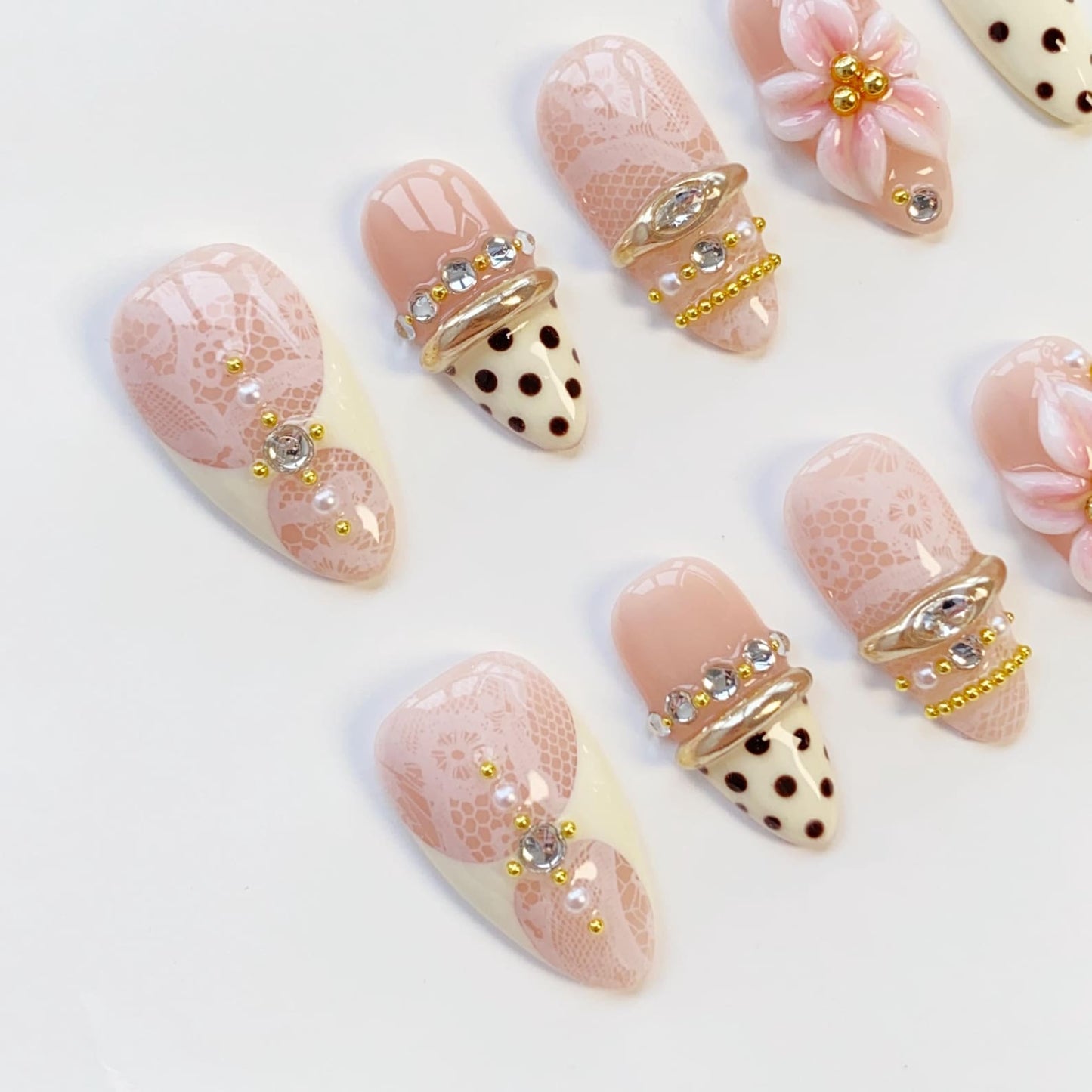Blush Lace Floral Press-On Nails – Luxury 3D Flower & Polka Dot Almond Nail Set