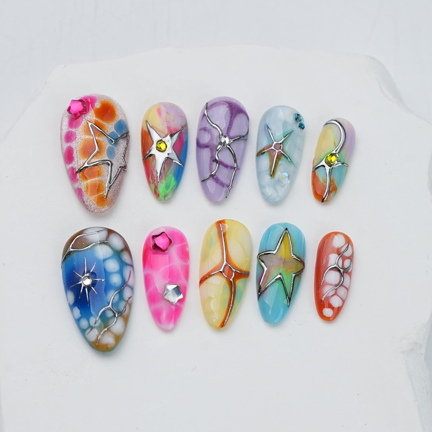 Rainbow Stained Glass Starfish Press-On Nails – Handmade Colorful Ocean-Inspired 3D Nail Set