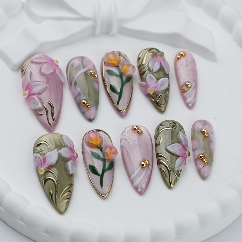 Blush Garden Press-On Nails – Handmade 3D Floral Luxury Nail Set in Pink & Sage Green
