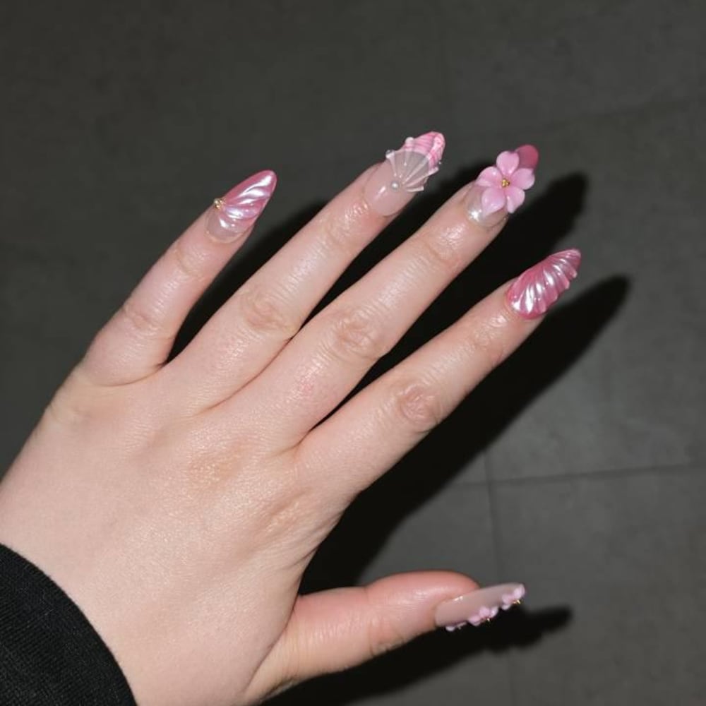 Cherry Blossom Pearl Handmade Press-On Nails | 3D Pink Floral Nail Art Set | Elegant Japanese-Inspired Nails