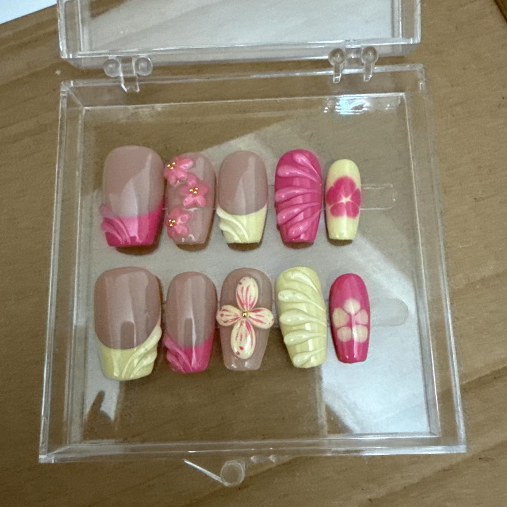 Tropical Pink Hibiscus Press-On Nails | Summer Floral Nail Art Set | Handmade Pink & Yellow Vacation Nails