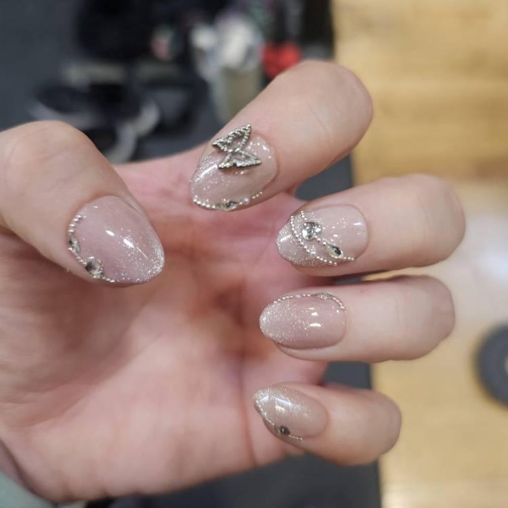 Luxury Nude Glitter Press-On Nails – Handmade Butterfly Rhinestone Nail Set | Elegant Reusable False Nails