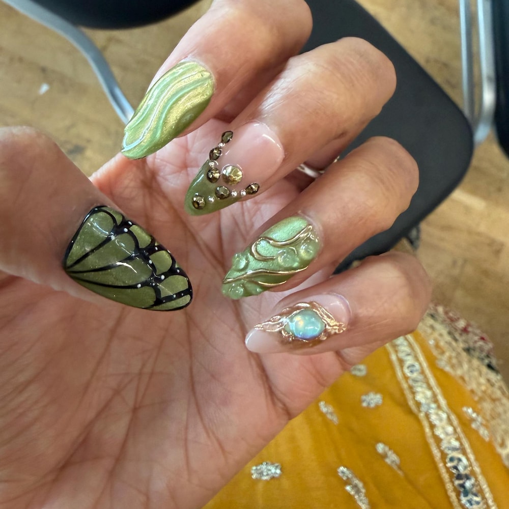 Luxury Olive Green & Gold Press-On Nails – Handmade 3D Butterfly, Floral & Gemstone Nail Set