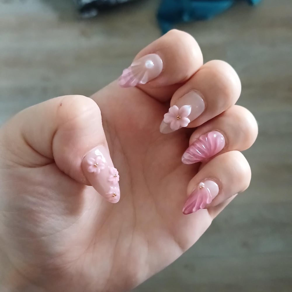 Cherry Blossom Pearl Handmade Press-On Nails | 3D Pink Floral Nail Art Set | Elegant Japanese-Inspired Nails