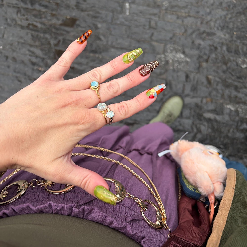 Retro Mosaic & Swirl Press-On Nails – Handmade 3D Abstract Art Almond Nails with Gold Chrome Accents