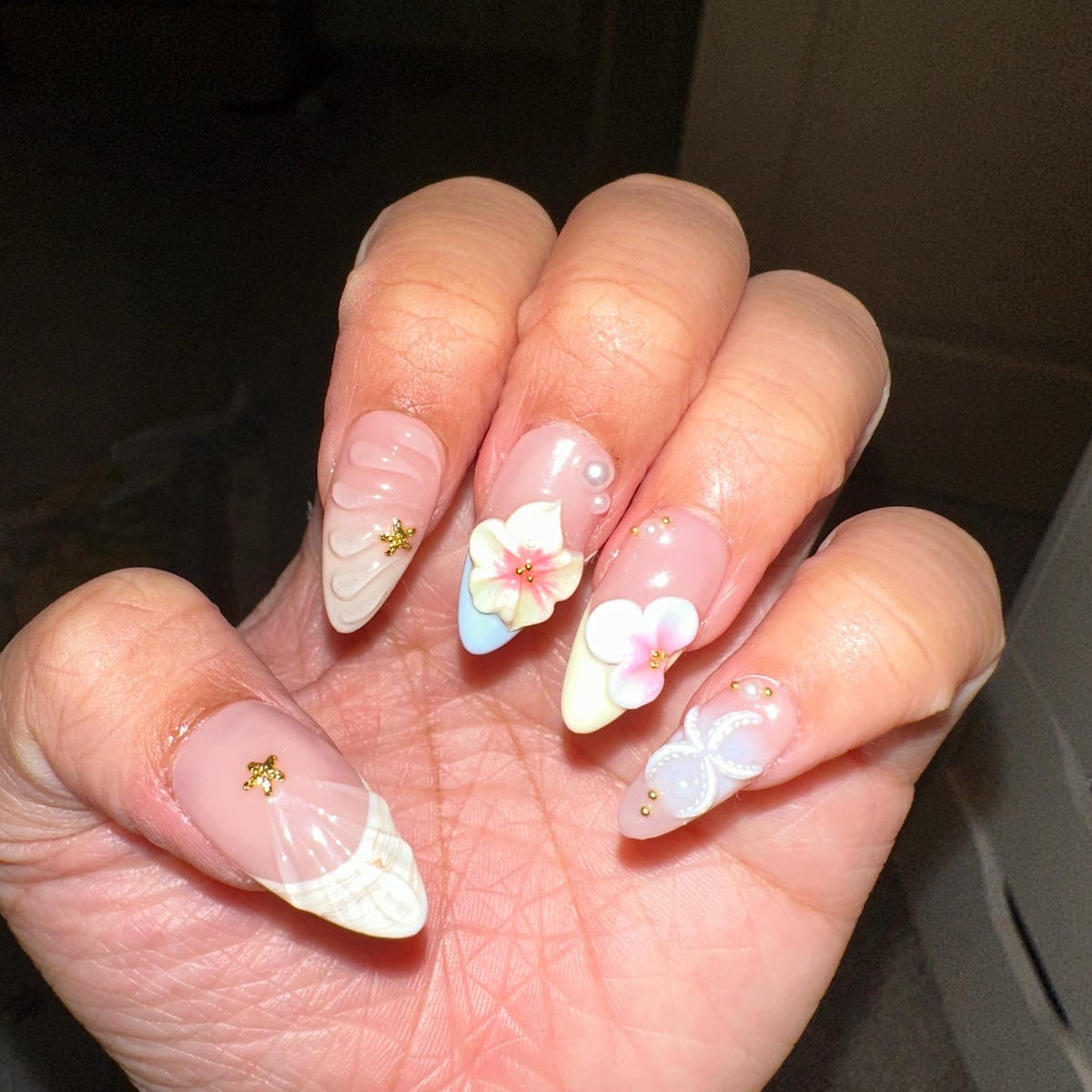 3D Floral Butterfly Press-On Nails – Handmade Pastel Pink Nail Set with Gold Charms