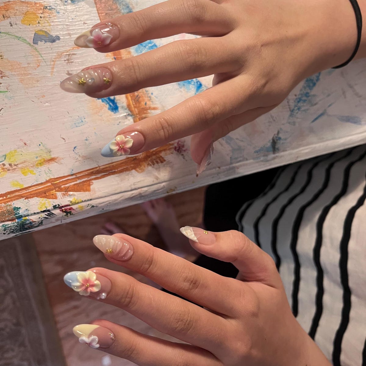 3D Floral Butterfly Press-On Nails – Handmade Pastel Pink Nail Set with Gold Charms