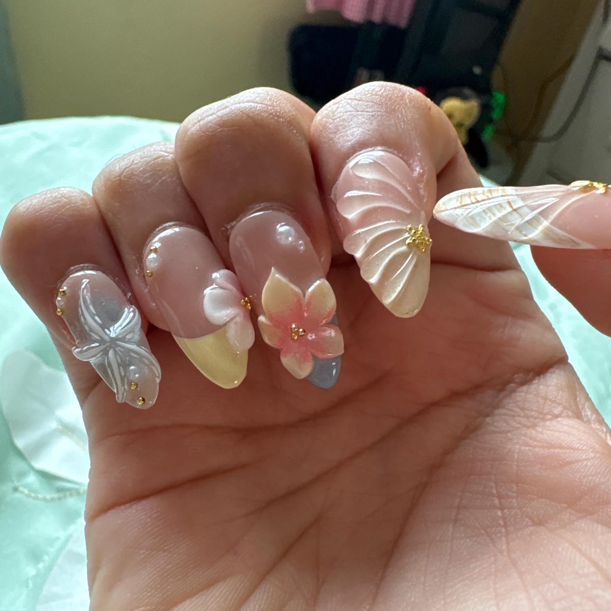 3D Floral Butterfly Press-On Nails – Handmade Pastel Pink Nail Set with Gold Charms