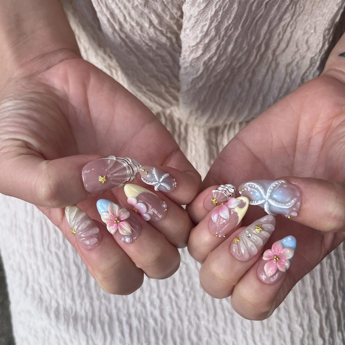 3D Floral Butterfly Press-On Nails – Handmade Pastel Pink Nail Set with Gold Charms