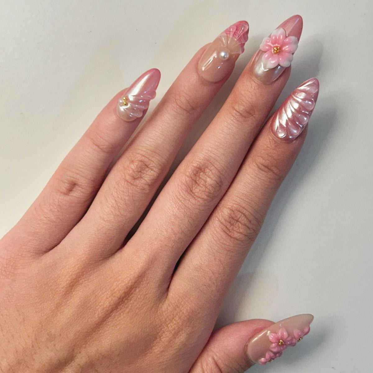 Cherry Blossom Pearl Handmade Press-On Nails | 3D Pink Floral Nail Art Set | Elegant Japanese-Inspired Nails