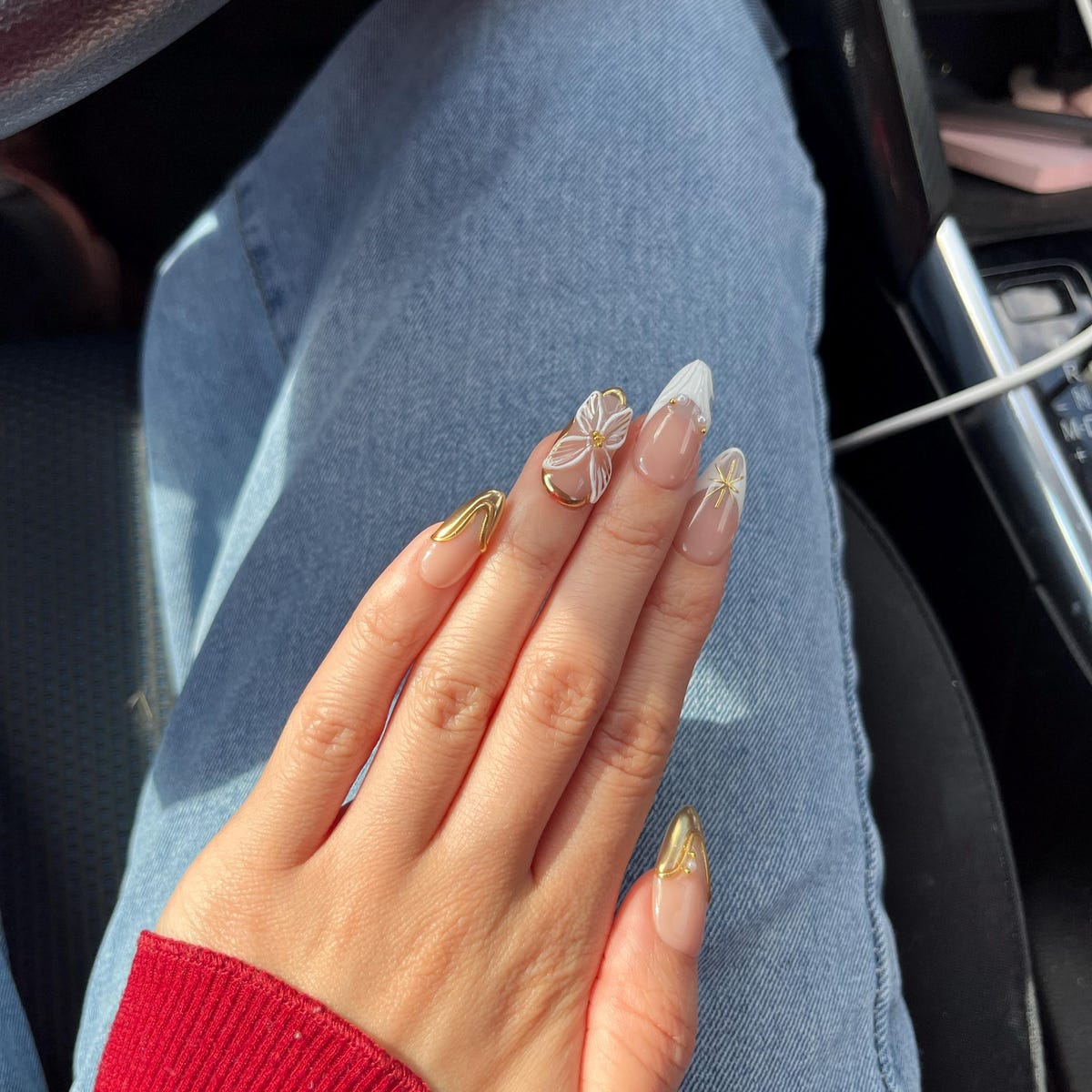 Luxury Blush Pink Press-On Nails with Gold Chrome Accents | 3D Floral Nail Art Set | Elegant Bridal & Wedding Nails