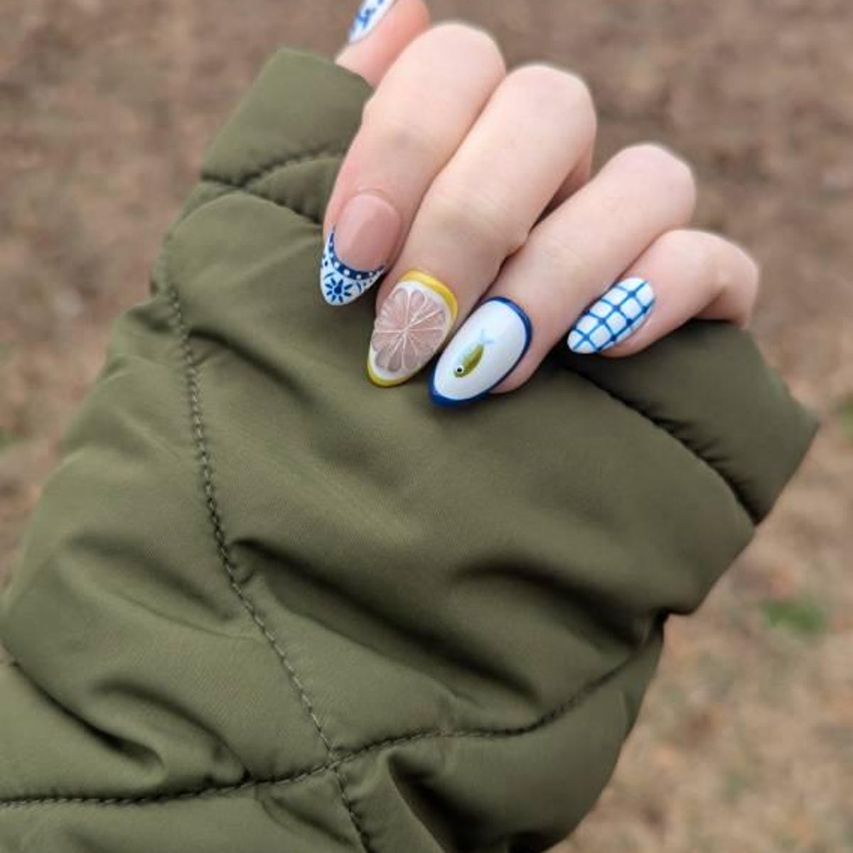 Mediterranean Lemon & Olive Handmade Press-On Nails | Blue White Ceramic Nail Art Set | Summer Fruit Nail Design