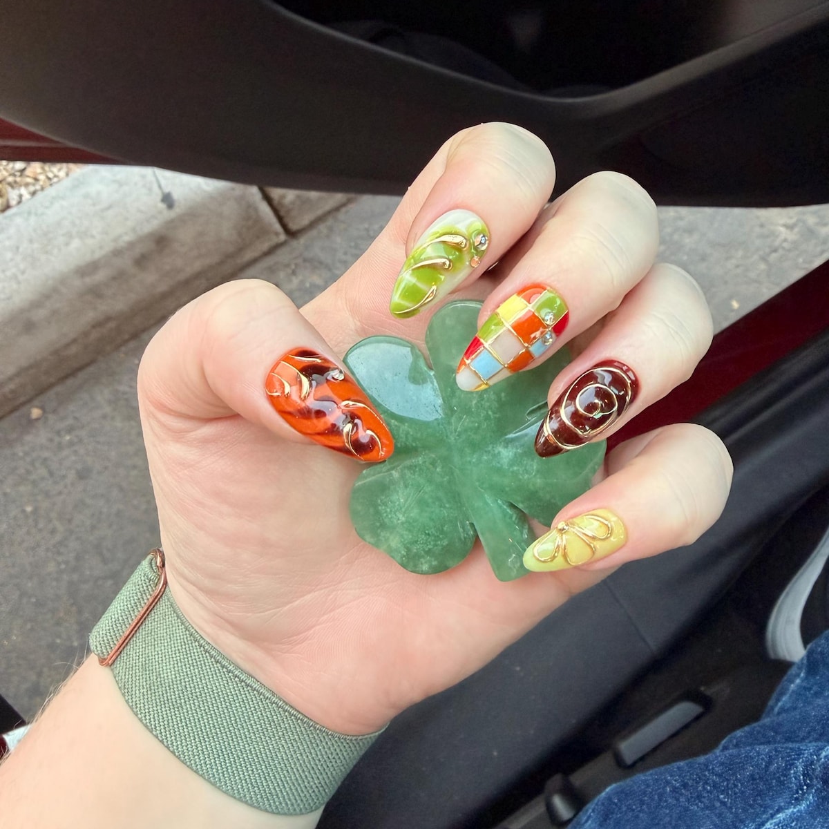 Retro Mosaic & Swirl Press-On Nails – Handmade 3D Abstract Art Almond Nails with Gold Chrome Accents