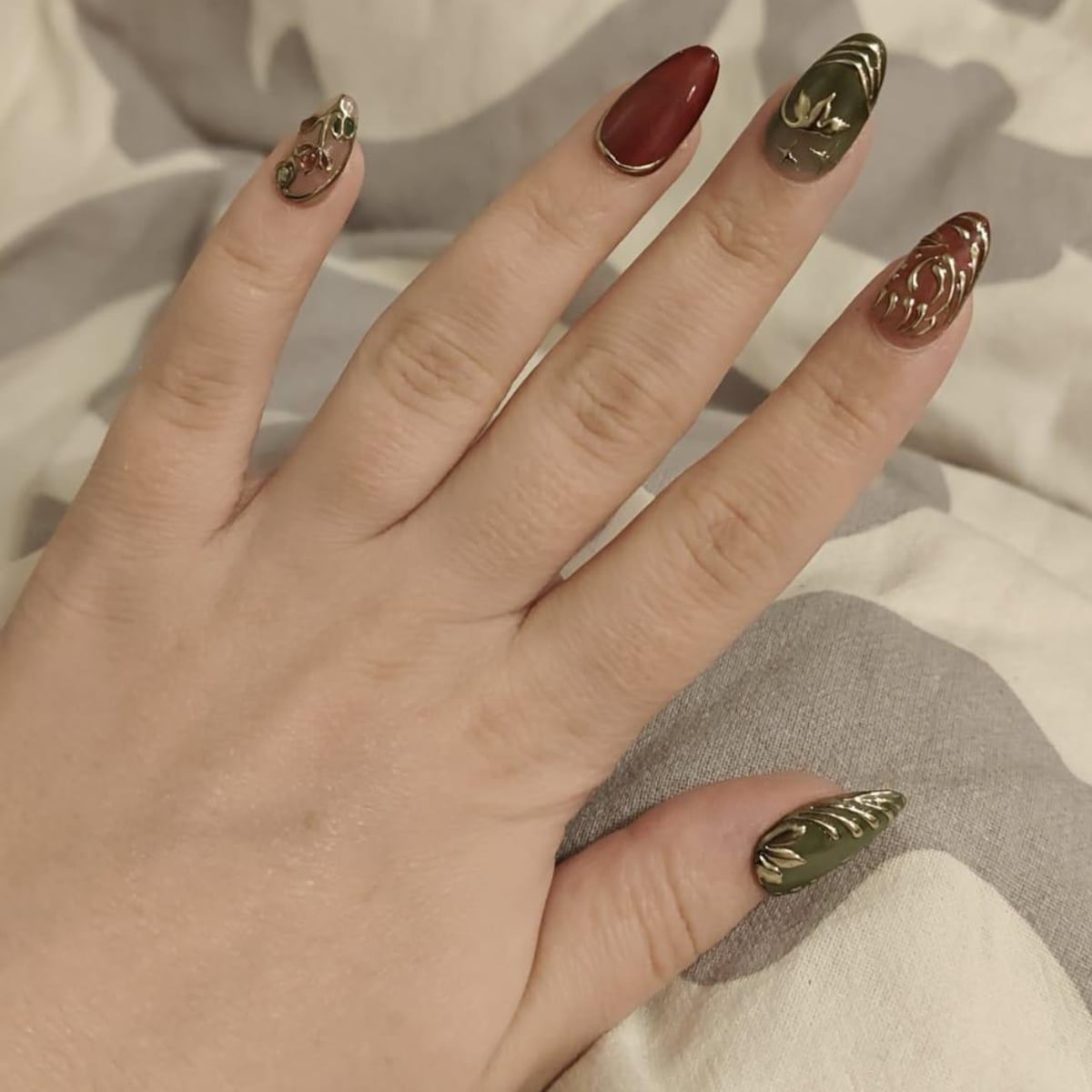 Burgundy & Olive Green Press-On Nails – Vintage Floral Gold Chrome Nail Set | Luxury Almond Fake Nails | Handmade Reusable Nail Art