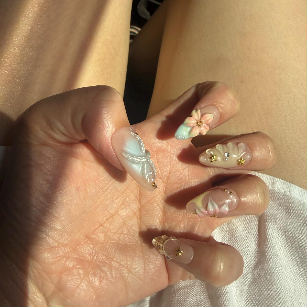 3D Floral Butterfly Press-On Nails – Handmade Pastel Pink Nail Set with Gold Charms