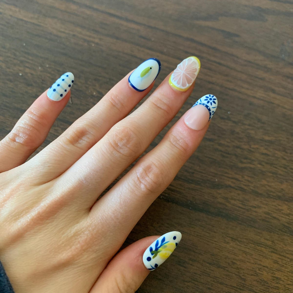 Mediterranean Lemon & Olive Handmade Press-On Nails | Blue White Ceramic Nail Art Set | Summer Fruit Nail Design