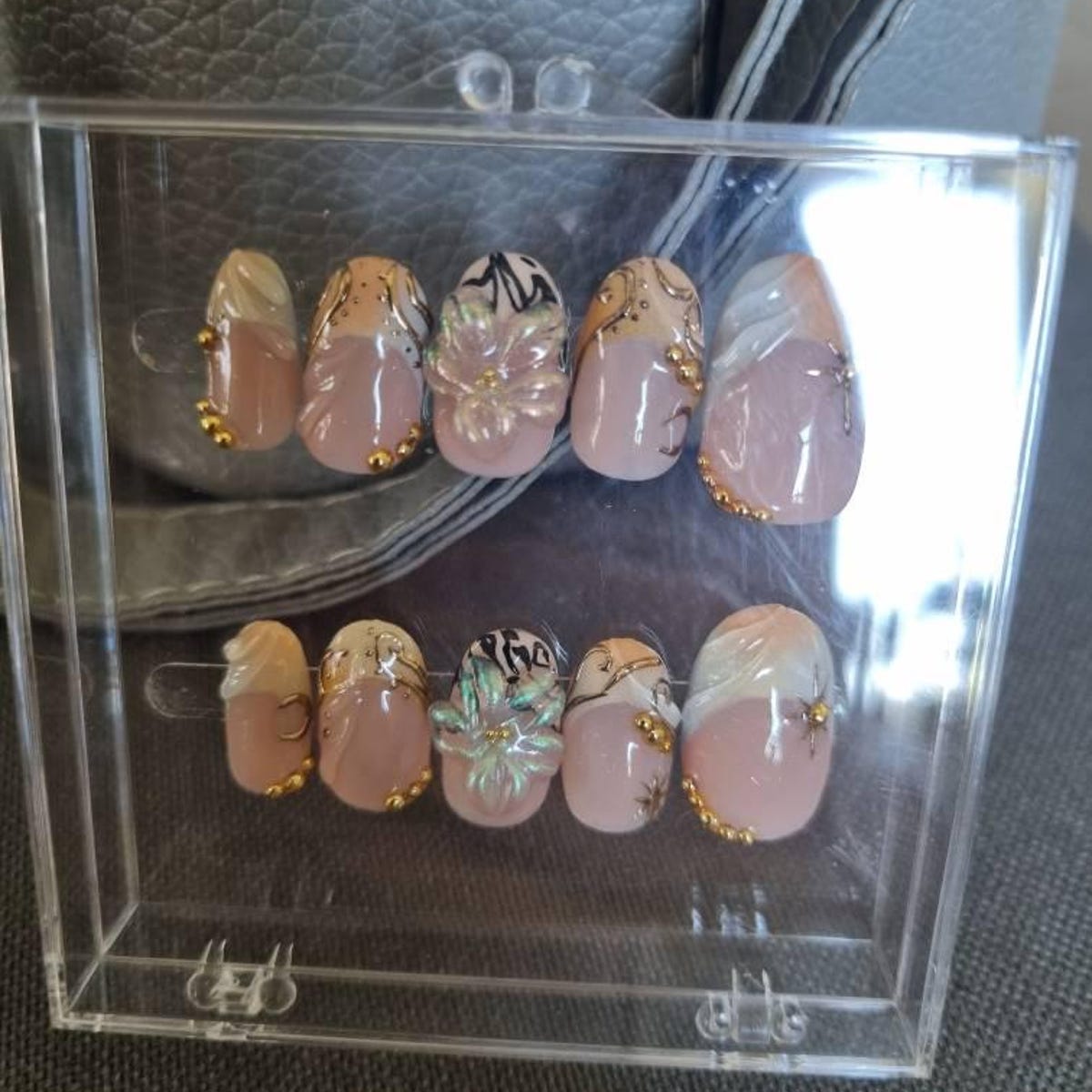 Luxury Gold Butterfly Press-On Nails – Handmade Nude Pink 3D Nail Set | Elegant Reusable False Nails