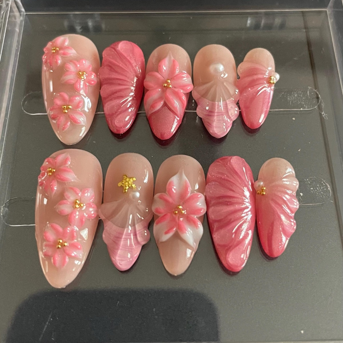 Cherry Blossom Pearl Handmade Press-On Nails | 3D Pink Floral Nail Art Set | Elegant Japanese-Inspired Nails