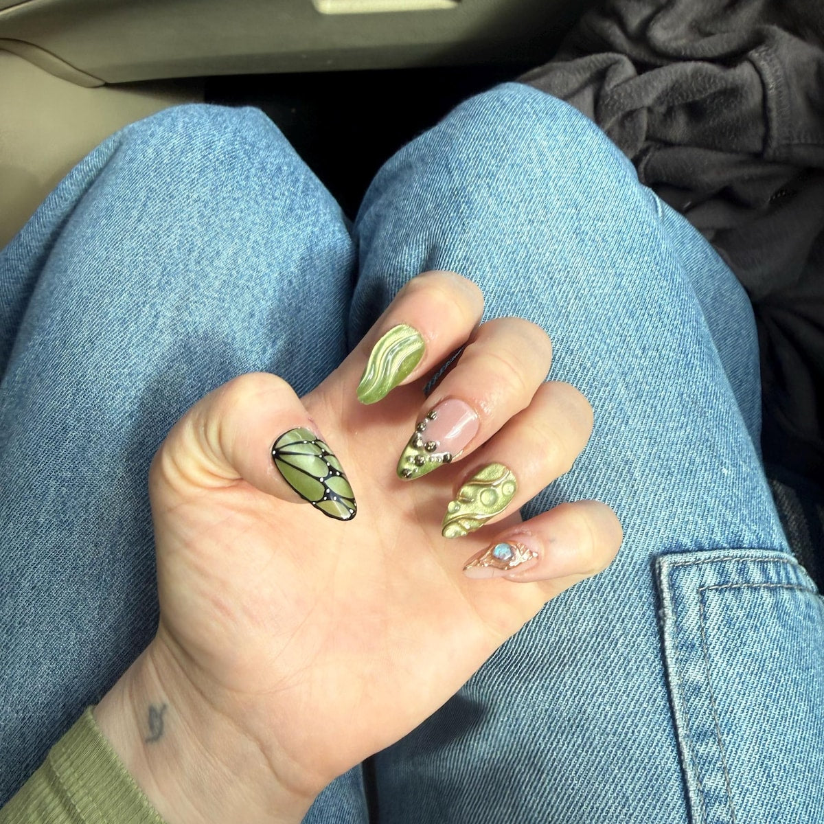 Luxury Olive Green & Gold Press-On Nails – Handmade 3D Butterfly, Floral & Gemstone Nail Set