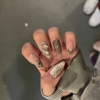 Elegant Brown Gold Press-On Nails – Luxury Nude Chrome Nail Set | Almond Shape Glossy Fake Nails | Handmade Reusable Nail Art