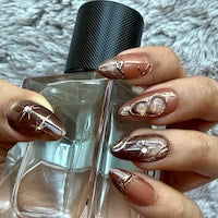 Elegant Brown Gold Press-On Nails – Luxury Nude Chrome Nail Set | Almond Shape Glossy Fake Nails | Handmade Reusable Nail Art