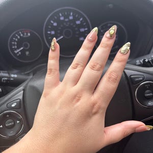 Sage Green Marble Press-On Nails – Luxury Gold Chrome Abstract Nail Set