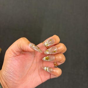 Celestial Gold Star Press-On Nails – Nude Shimmer Moon & Sun Nail Set | Elegant Almond Fake Nails | Handmade Reusable Nail Art