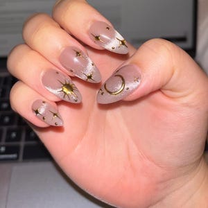 Celestial Gold Star Press-On Nails – Nude Shimmer Moon & Sun Nail Set | Elegant Almond Fake Nails | Handmade Reusable Nail Art