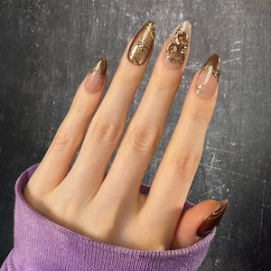 Elegant Brown Gold Press-On Nails – Luxury Nude Chrome Nail Set | Almond Shape Glossy Fake Nails | Handmade Reusable Nail Art