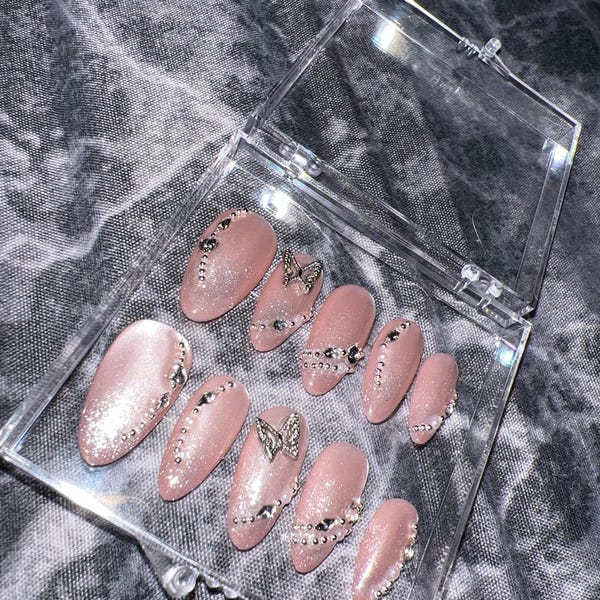 Luxury Nude Glitter Press-On Nails – Handmade Butterfly Rhinestone Nail Set | Elegant Reusable False Nails