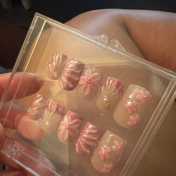 Cherry Blossom Pearl Handmade Press-On Nails | 3D Pink Floral Nail Art Set | Elegant Japanese-Inspired Nails