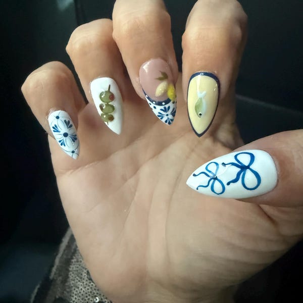 Mediterranean Lemon & Olive Handmade Press-On Nails | Blue White Ceramic Nail Art Set | Summer Fruit Nail Design