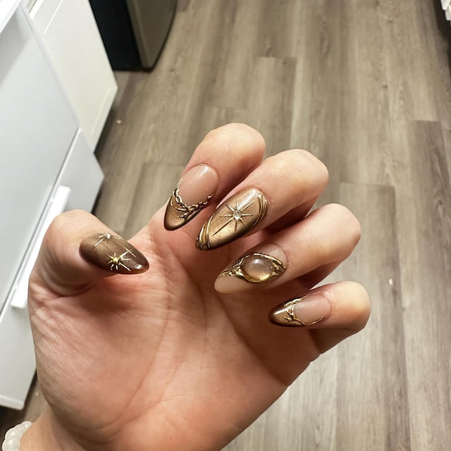 Elegant Brown Gold Press-On Nails – Luxury Nude Chrome Nail Set | Almond Shape Glossy Fake Nails | Handmade Reusable Nail Art