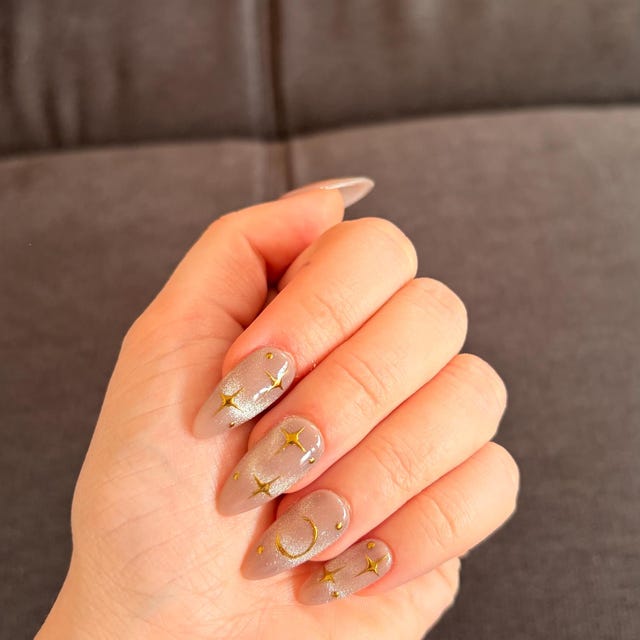Celestial Gold Star Press-On Nails – Nude Shimmer Moon & Sun Nail Set | Elegant Almond Fake Nails | Handmade Reusable Nail Art