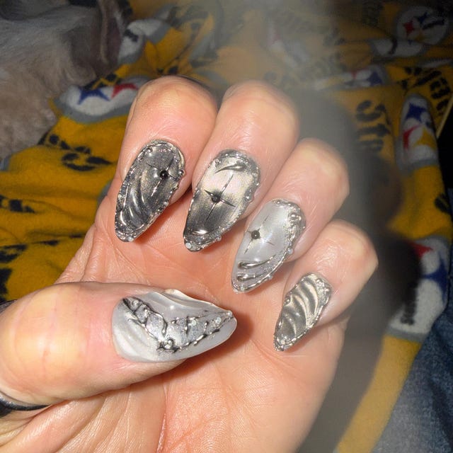 Luxury Black & Silver Chrome Press-On Nails – Gothic Glam Rhinestone Nail Set | Almond Shape Handmade Fake Nails | Reusable Statement Nails