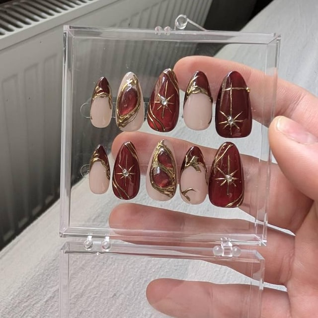 Elegant Brown Gold Press-On Nails – Luxury Nude Chrome Nail Set | Almond Shape Glossy Fake Nails | Handmade Reusable Nail Art